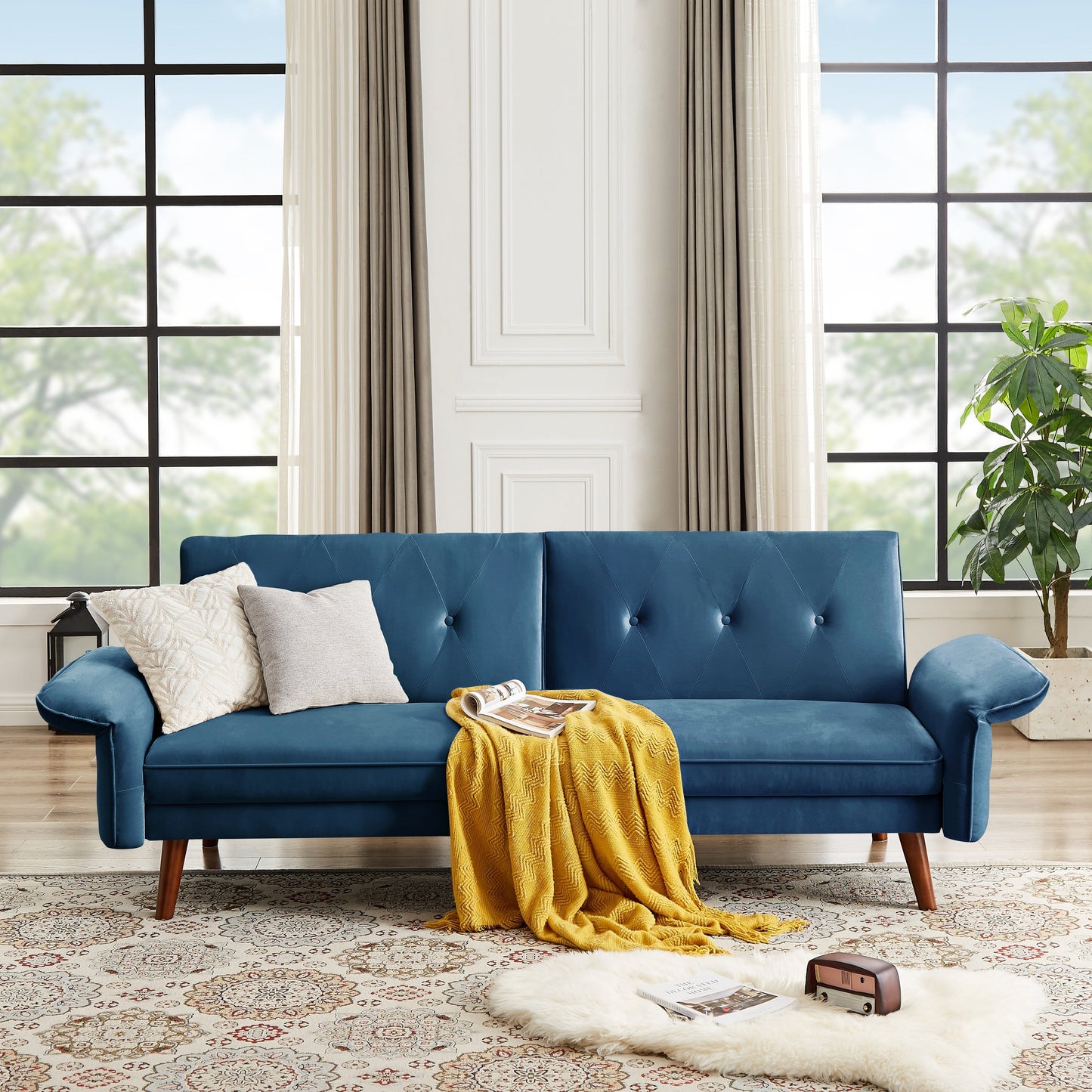 Canapé-lit futon moderne, canapé convertible avec pieds en bois coniques, 78,35 po de largeur, petit canapé à dossier divisé pour salon.