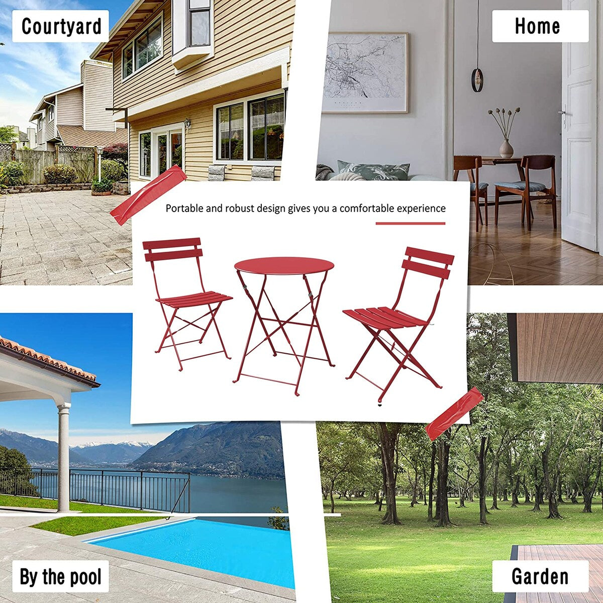 Ensemble de bistro pliable en métal 3 pièces, ensemble de conversation résistant aux intempéries pour l'intérieur et l'extérieur, pour patio, jardin, cour.