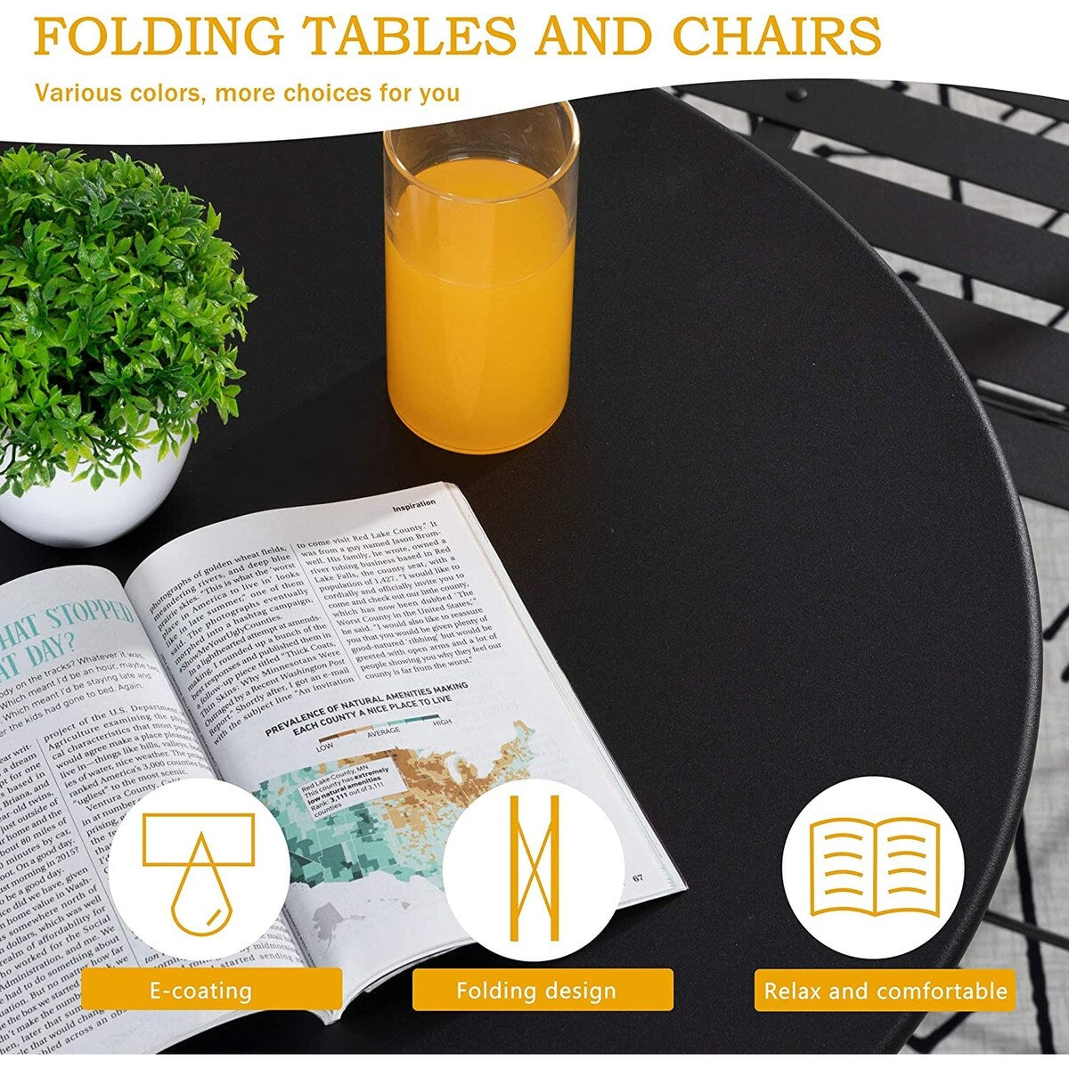 Ensemble de bistro pliable en métal 3 pièces, ensemble de conversation résistant aux intempéries pour l'intérieur et l'extérieur, pour patio, jardin, cour.