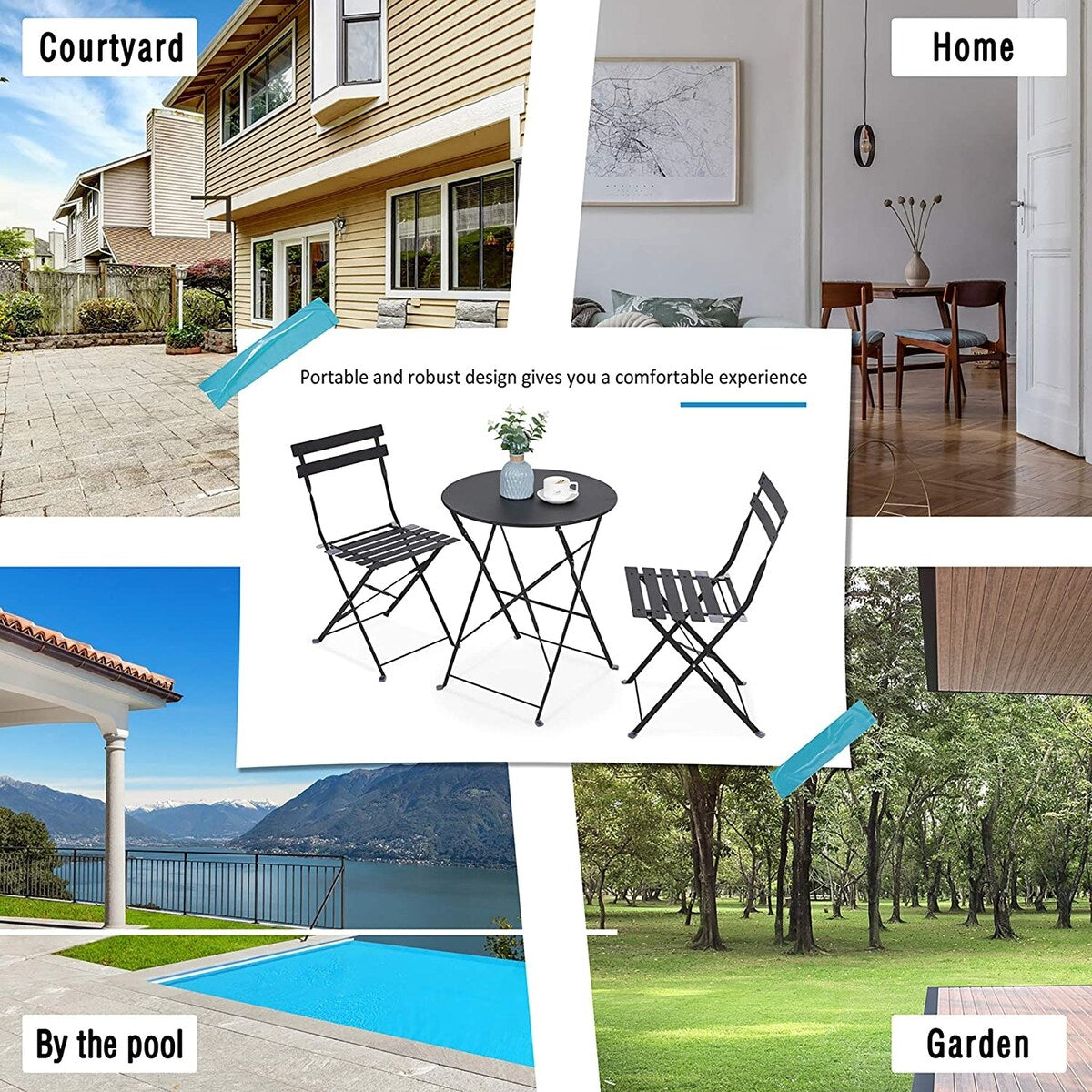 Ensemble de bistro pliable en métal 3 pièces, ensemble de conversation résistant aux intempéries pour l'intérieur et l'extérieur, pour patio, jardin, cour.