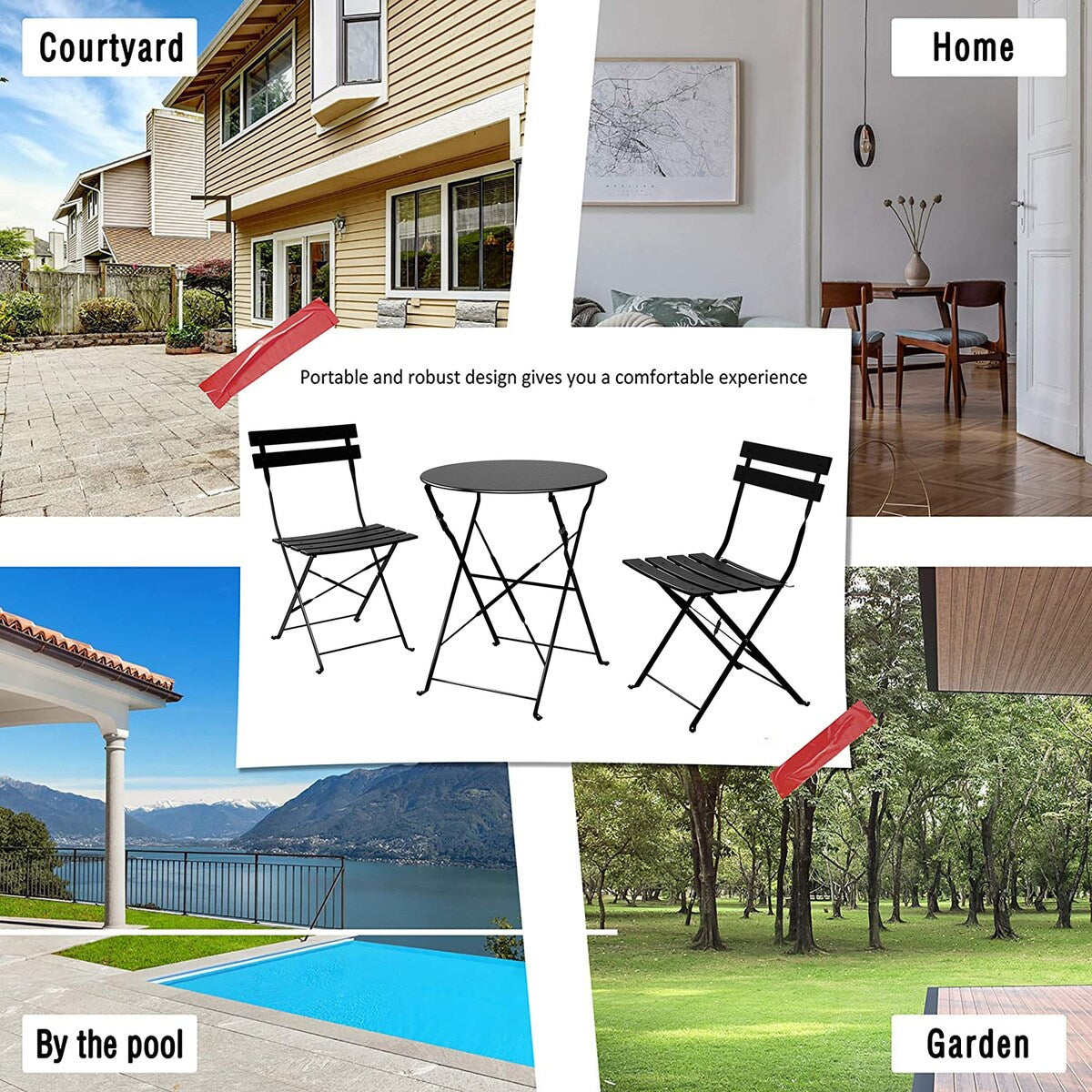 Ensemble de bistro pliable en métal 3 pièces, ensemble de conversation résistant aux intempéries pour l'intérieur et l'extérieur, pour patio, jardin, cour.