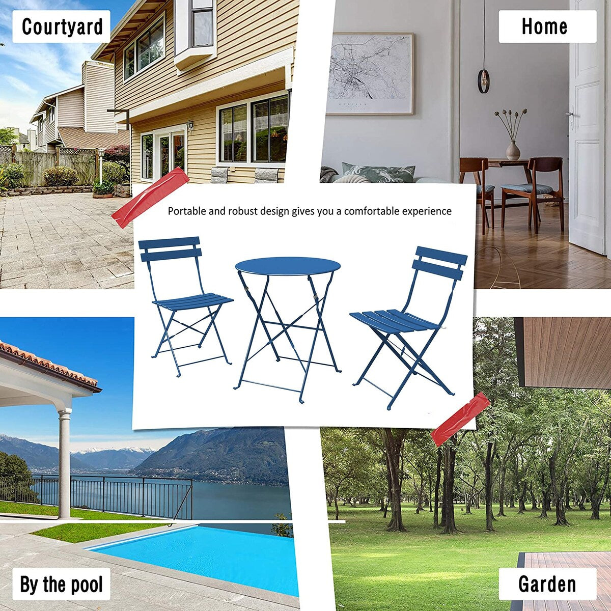 Ensemble de bistro pliable en métal 3 pièces, ensemble de conversation résistant aux intempéries pour l'intérieur et l'extérieur, pour patio, jardin, cour.