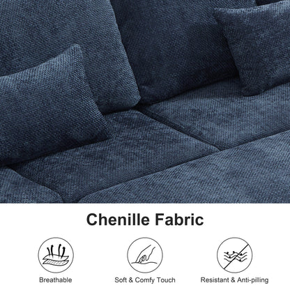 Canapé d'angle en chenille en forme de L moderne avec lit escamotable, assises de rangement, pouf et 2 coussins pour le salon.