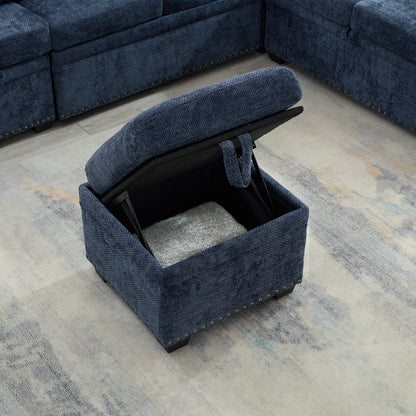 Canapé d'angle en chenille en forme de L moderne avec lit escamotable, assises de rangement, pouf et 2 coussins pour le salon.