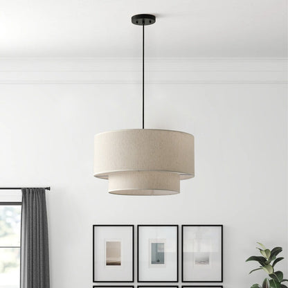 Suspension moderne en forme de tambour blanc cassé avec abat-jour en tissu de lin à 2 niveaux