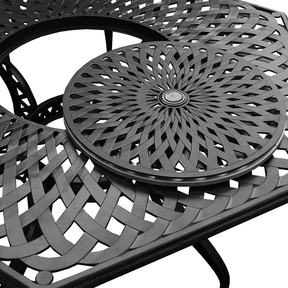 Ensemble de repas de patio hexagonal moderne et décoratif en aluminium et maille, 63 pouces, avec plateau tournant et six chaises - N/A