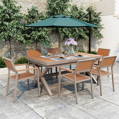 Ensemble de repas moderne pour extérieur, 7 pièces, avec six chaises et une table extensible pour patio.