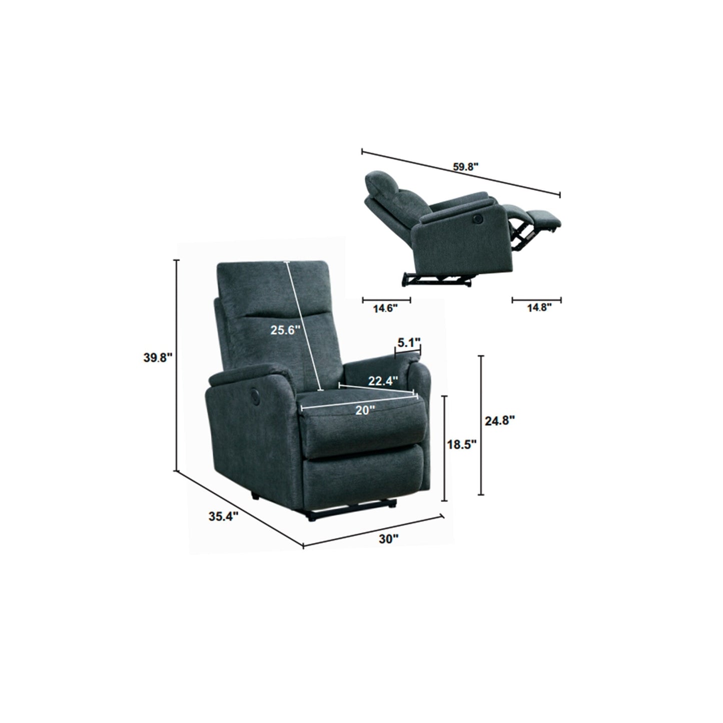 Fauteuil inclinable électrique moderne avec USB, soutien complet de la tête et du bas du dos.