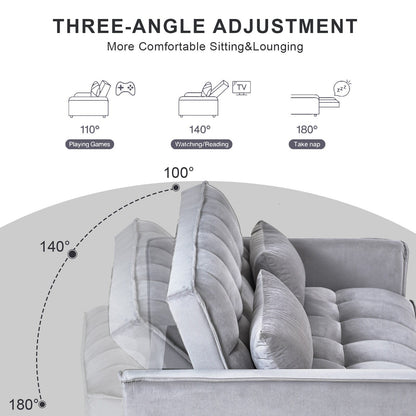 Canapé-lit moderne à déplier, canapé-lit 3-en-1 avec dossier réglable, canapé-lit en velours, coussins et poches latérales.