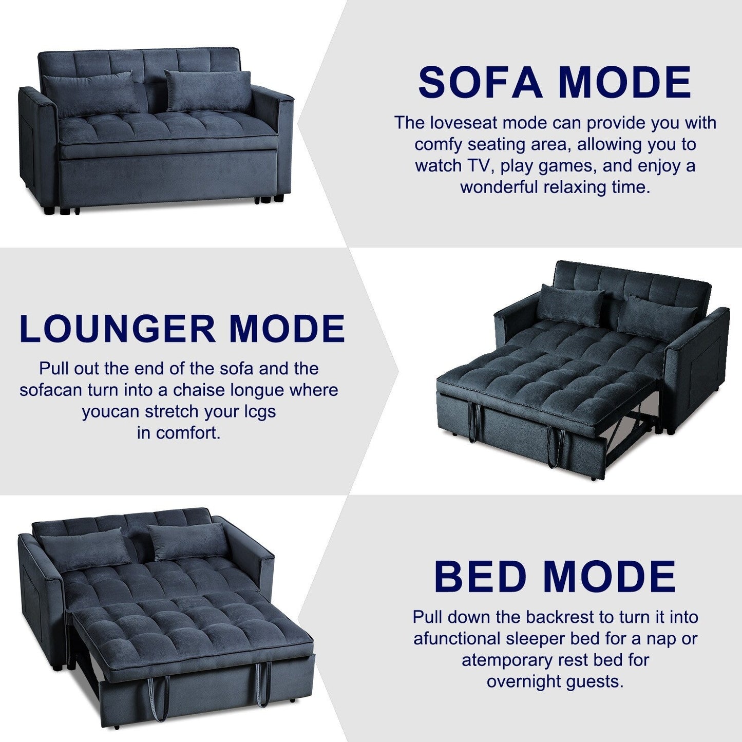 Canapé-lit moderne à déplier, canapé-lit 3-en-1 avec dossier réglable, canapé-lit en velours, coussins et poches latérales.