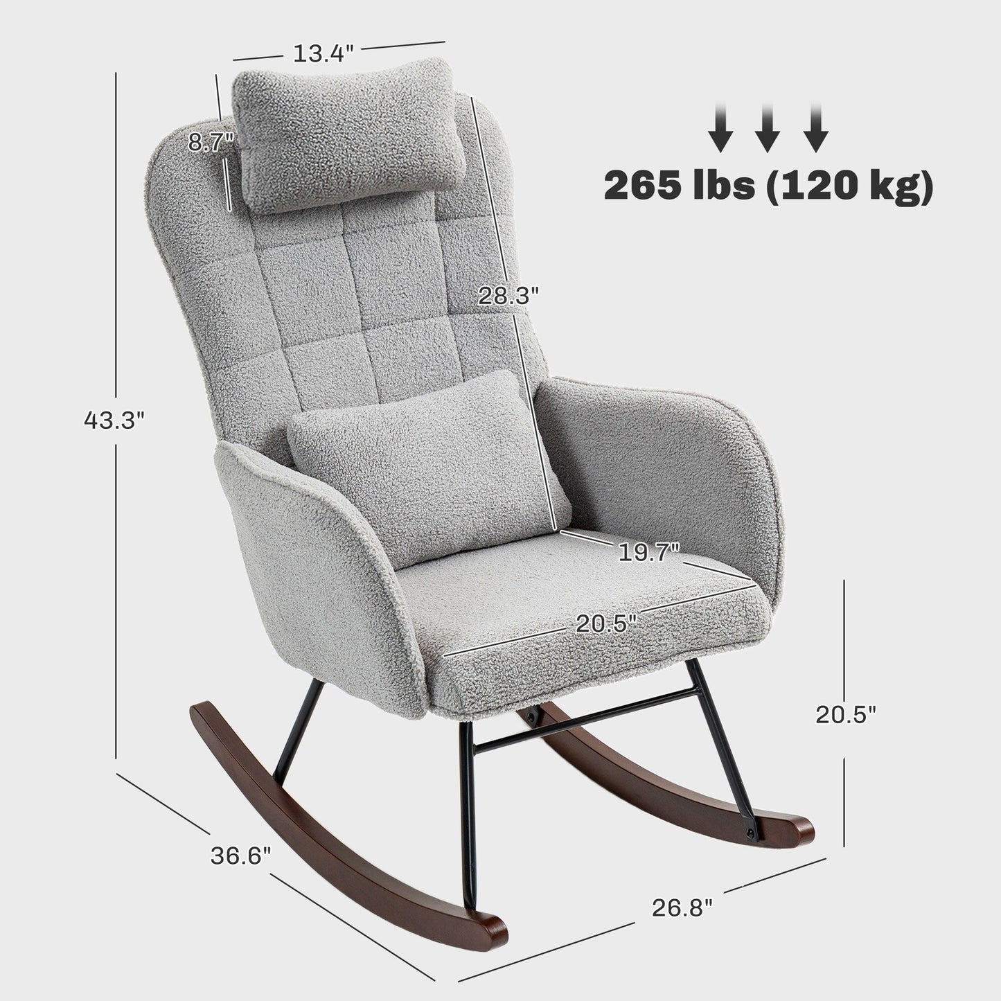 Chaise à bascule moderne en tissu pour chambre d'enfant, avec dossier haut, appuie-tête et coussin lombaire, pour salon ou chambre à coucher.