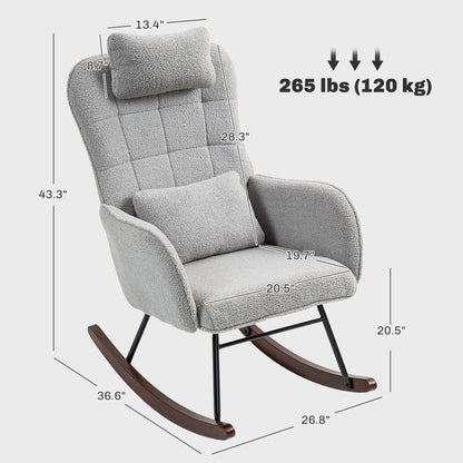 Chaise à bascule moderne en tissu pour chambre d'enfant, avec dossier haut, appuie-tête et coussin lombaire, pour salon ou chambre à coucher.
