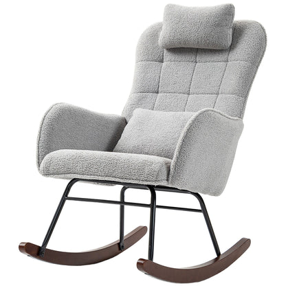 Chaise à bascule moderne en tissu pour chambre d'enfant, avec dossier haut, appuie-tête et coussin lombaire, pour salon ou chambre à coucher.