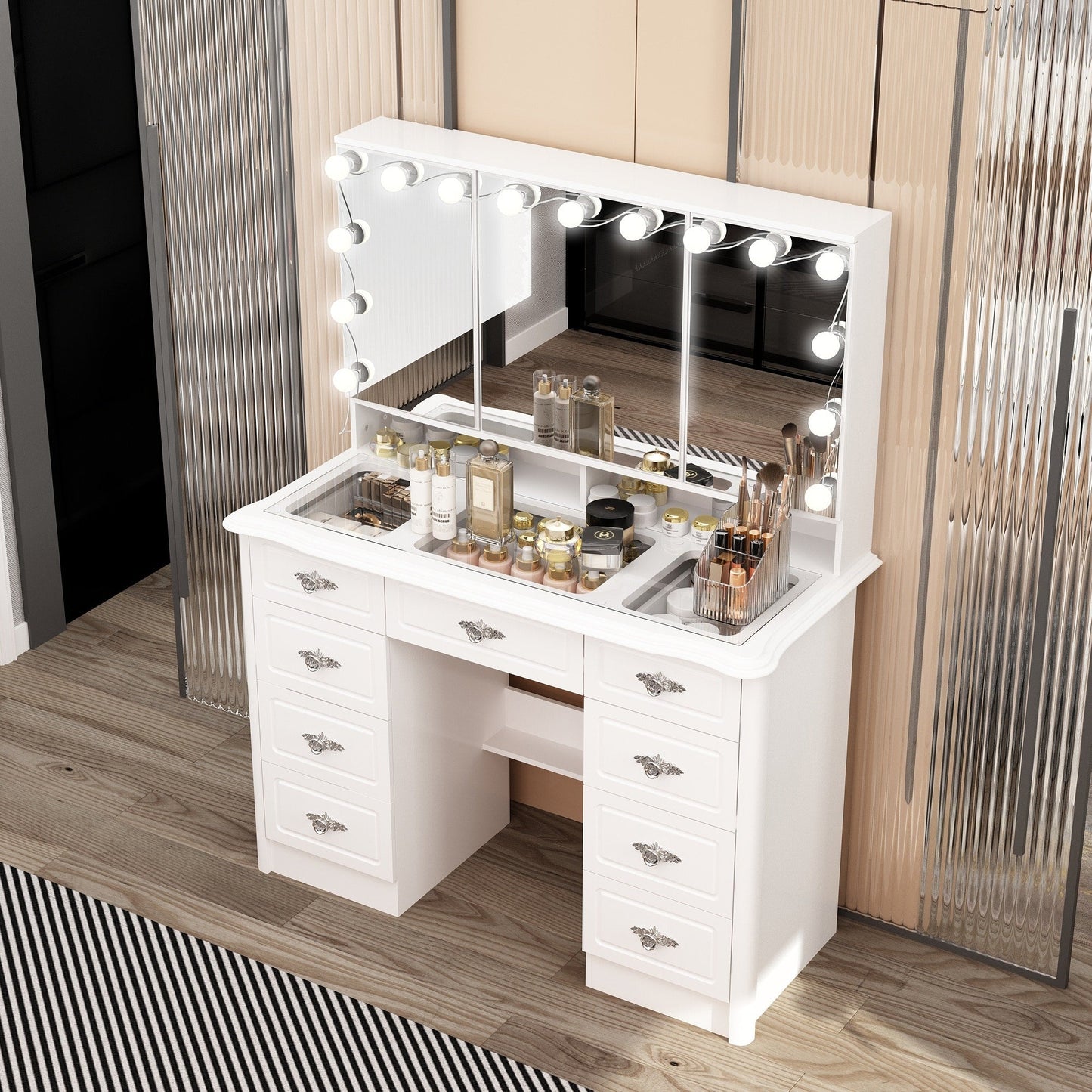 Coiffeuse moderne blanche avec miroir pliable, éclairage réglable - 40,2x54,1