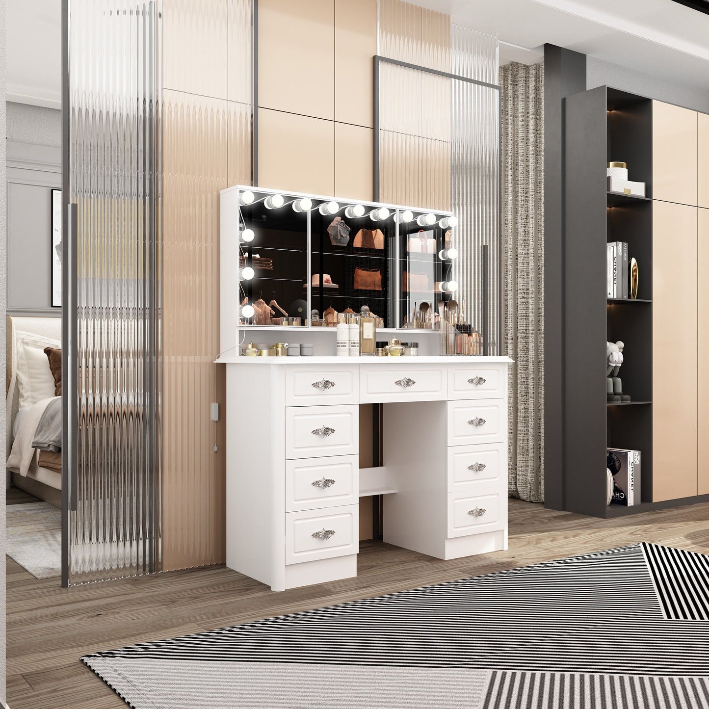 Coiffeuse moderne blanche avec miroir pliable, éclairage réglable - 40,2x54,1