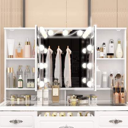 Coiffeuse moderne blanche avec miroir pliable, éclairage réglable - 40,2x54,1