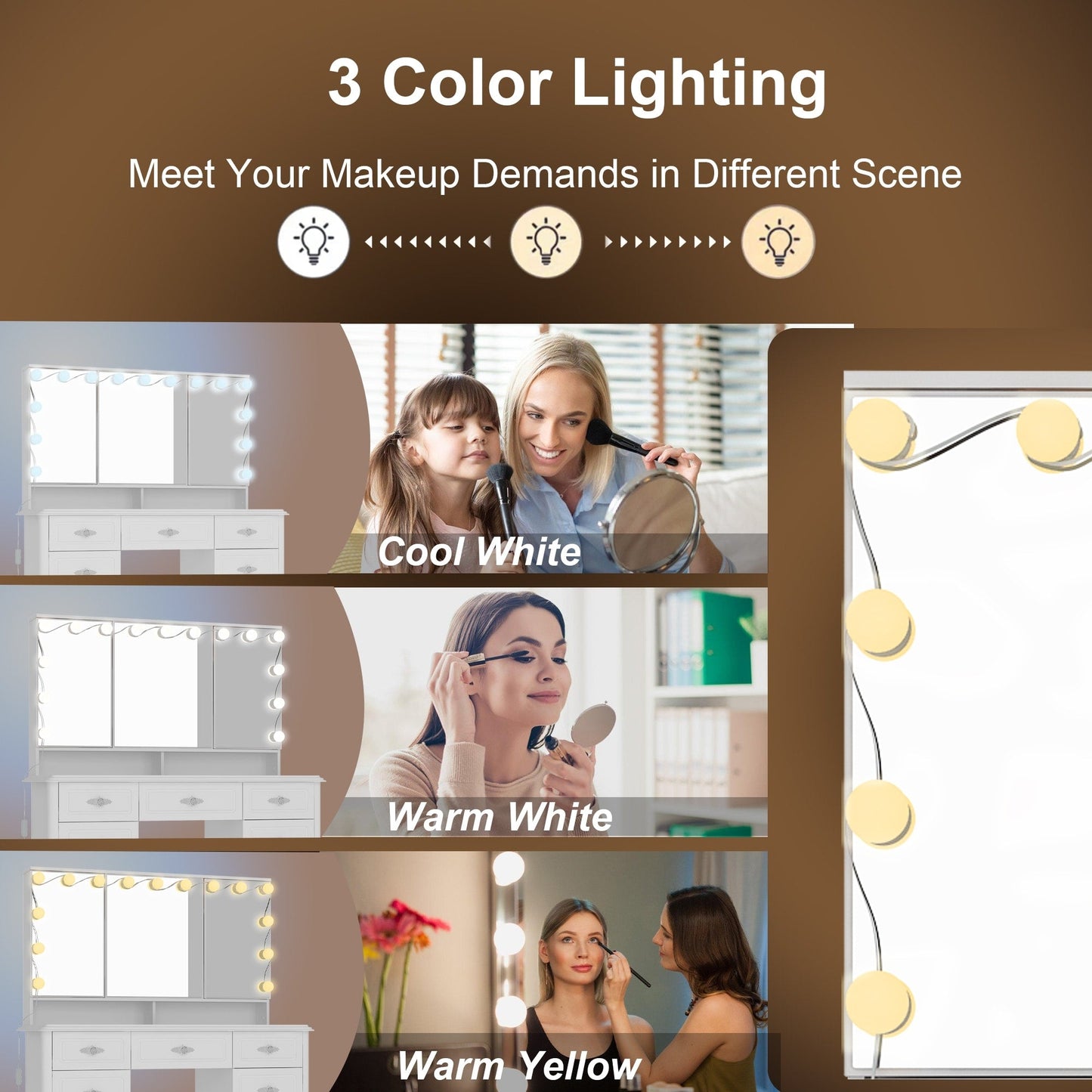 Coiffeuse moderne blanche avec miroir pliable, éclairage réglable - 40,2x54,1