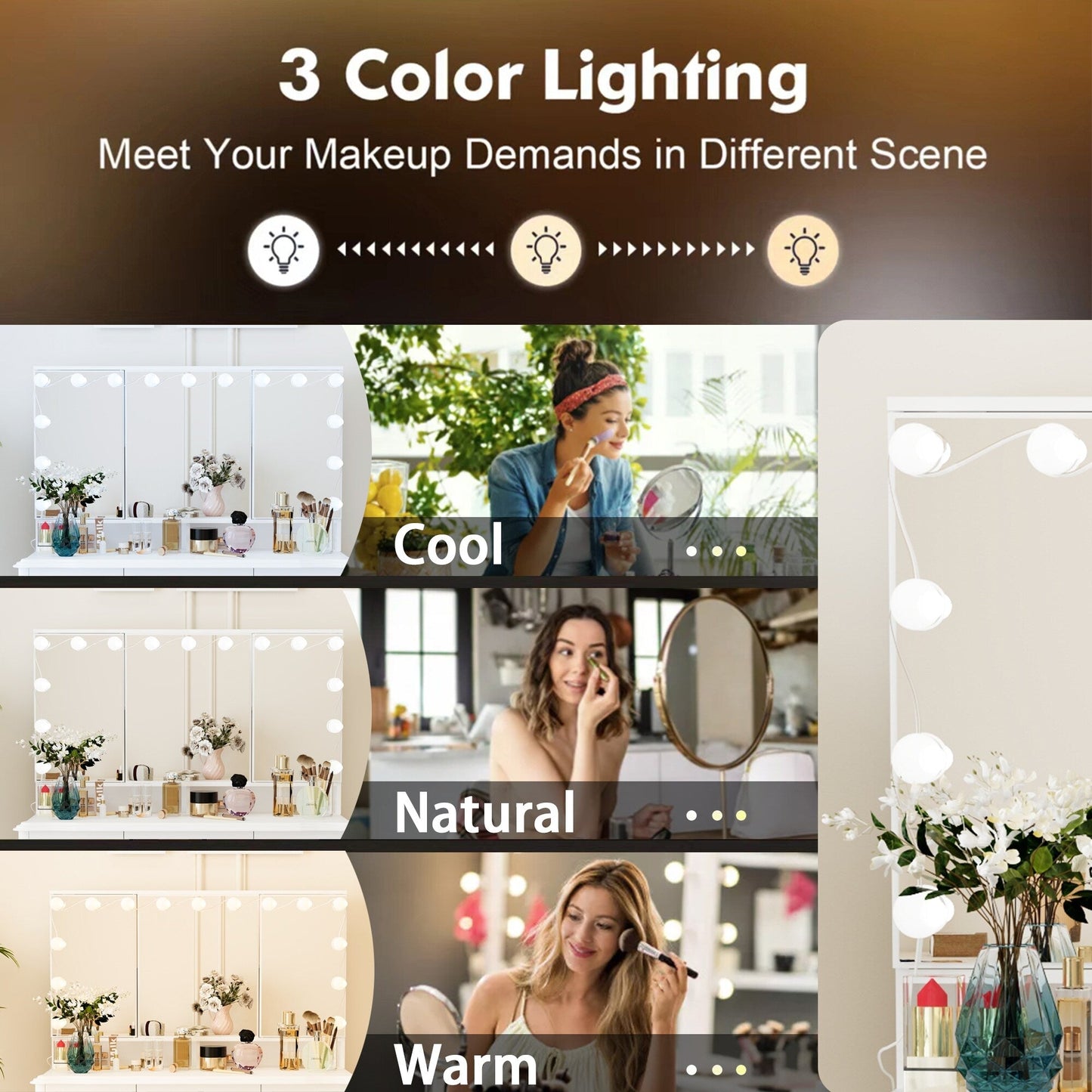 Coiffeuse moderne blanche avec miroir pliable, éclairage réglable - 40,2x54,1