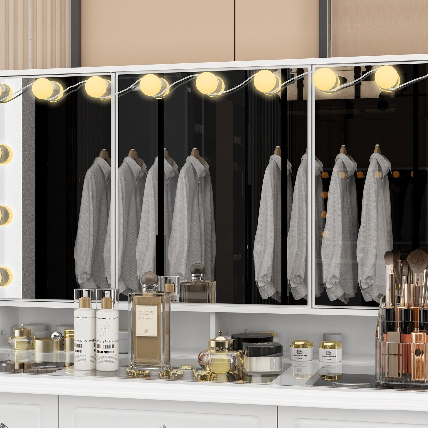 Coiffeuse moderne blanche avec miroir pliable, éclairage réglable - 40,2x54,1