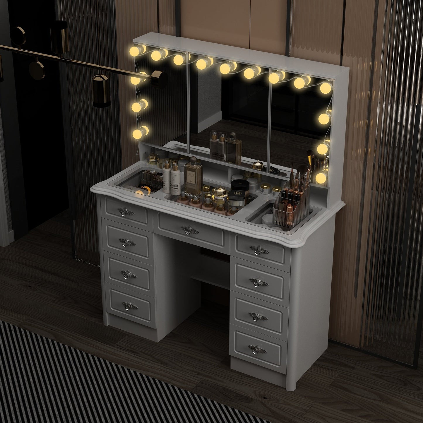 Coiffeuse moderne blanche avec miroir pliable, éclairage réglable - 40,2x54,1