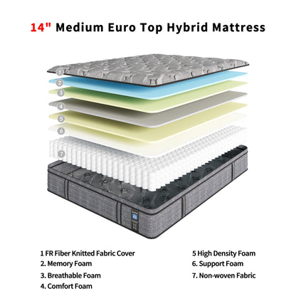 Modland Matelas hybride à ressorts ensachés de 35,5 cm (14 pouces) à revêtement européen, densité moyenne, livré dans une boîte