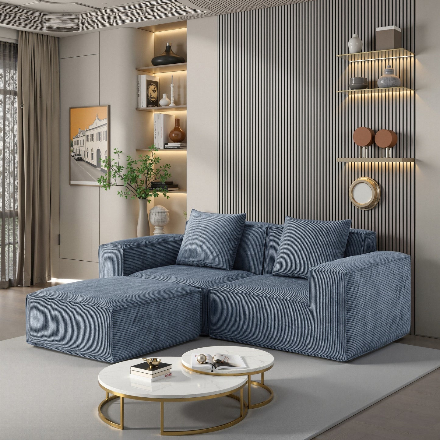 Canapé-lit modulable et convertible, 2 places, velours côtelé gris.