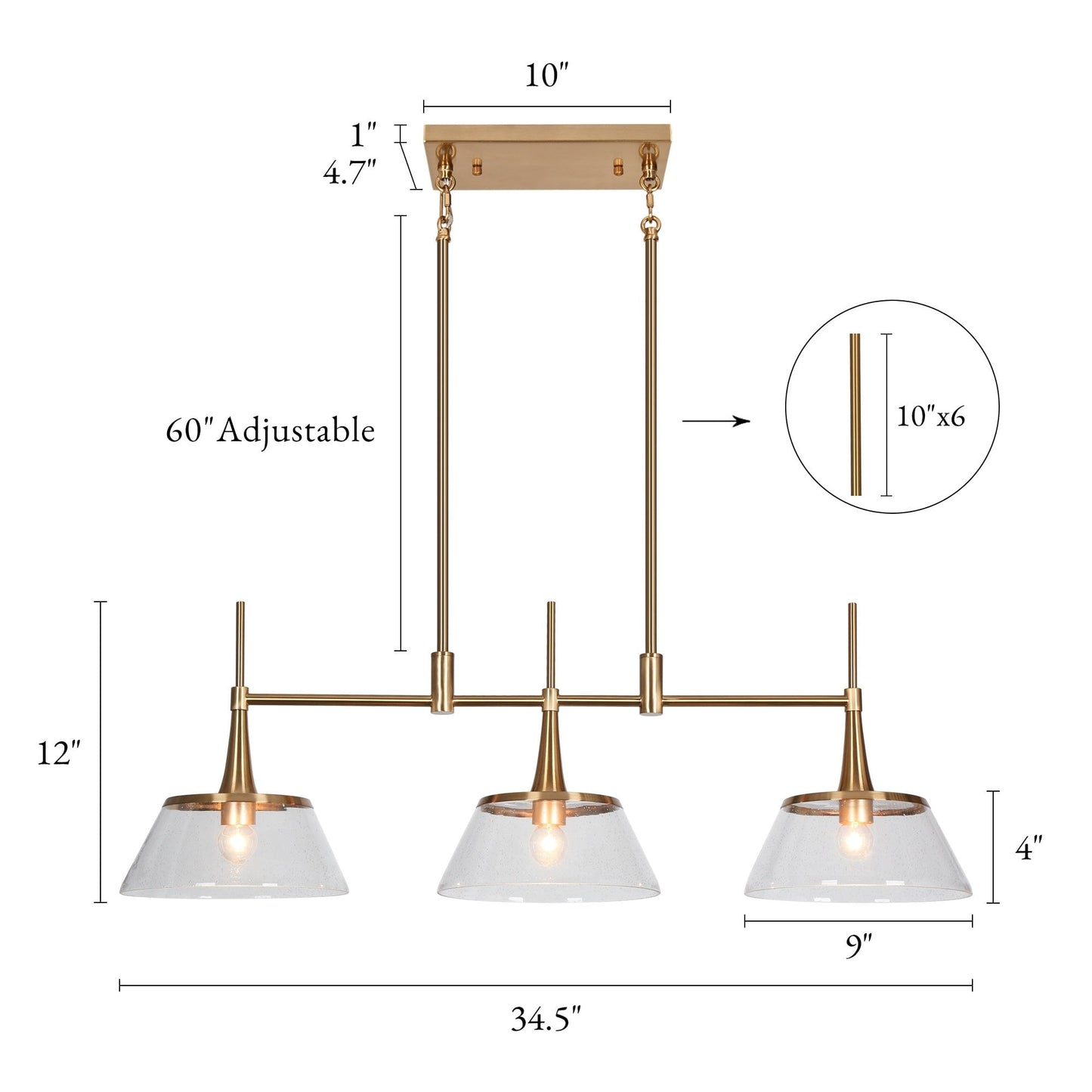 Luminaire suspendu linéaire à 3 lumières en verre dépoli, style moderne, couleur or, pour salle à manger.