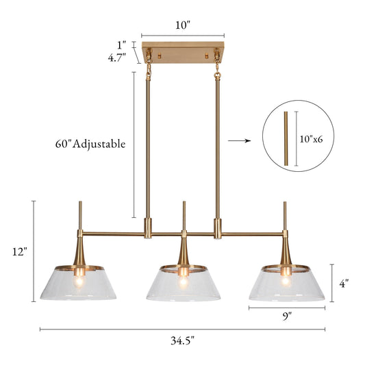 Luminaire suspendu linéaire à 3 lumières en verre dépoli, style moderne, couleur or, pour salle à manger.