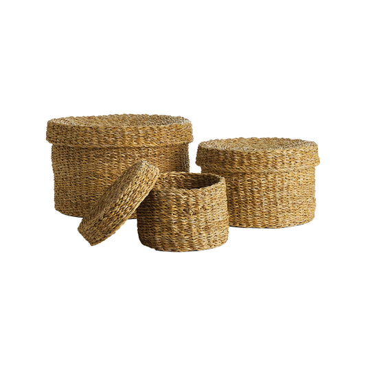 Panier rond en herbe de mer avec couvercle, lot de 3
