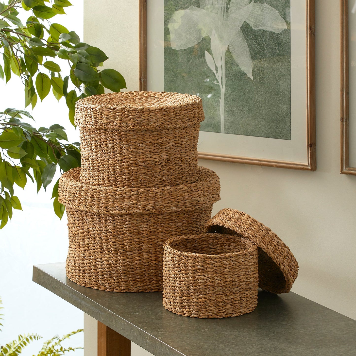 Panier rond en herbe de mer avec couvercle, lot de 3