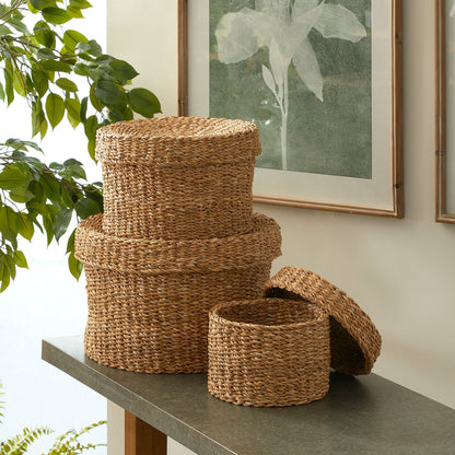 Panier rond en herbe de mer avec couvercle, lot de 3