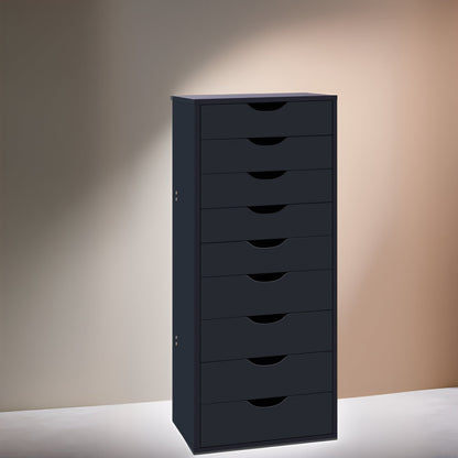 Armoire étroite en bois à 9 tiroirs avec coulisses à glissement fluide et étagère de rangement supérieure.