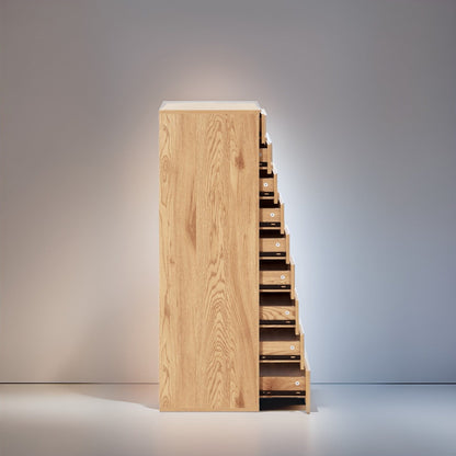 Armoire étroite en bois à 9 tiroirs avec coulisses à glissement fluide et étagère de rangement supérieure.