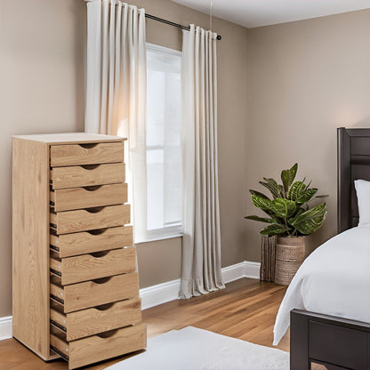 Armoire étroite en bois à 9 tiroirs avec coulisses à glissement fluide et étagère de rangement supérieure.