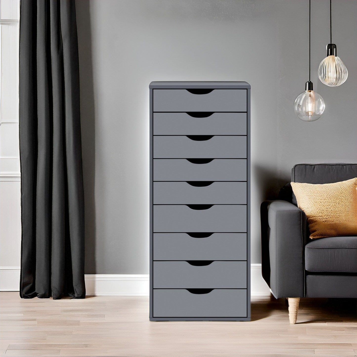 Armoire étroite en bois à 9 tiroirs avec coulisses à glissement fluide et étagère de rangement supérieure.