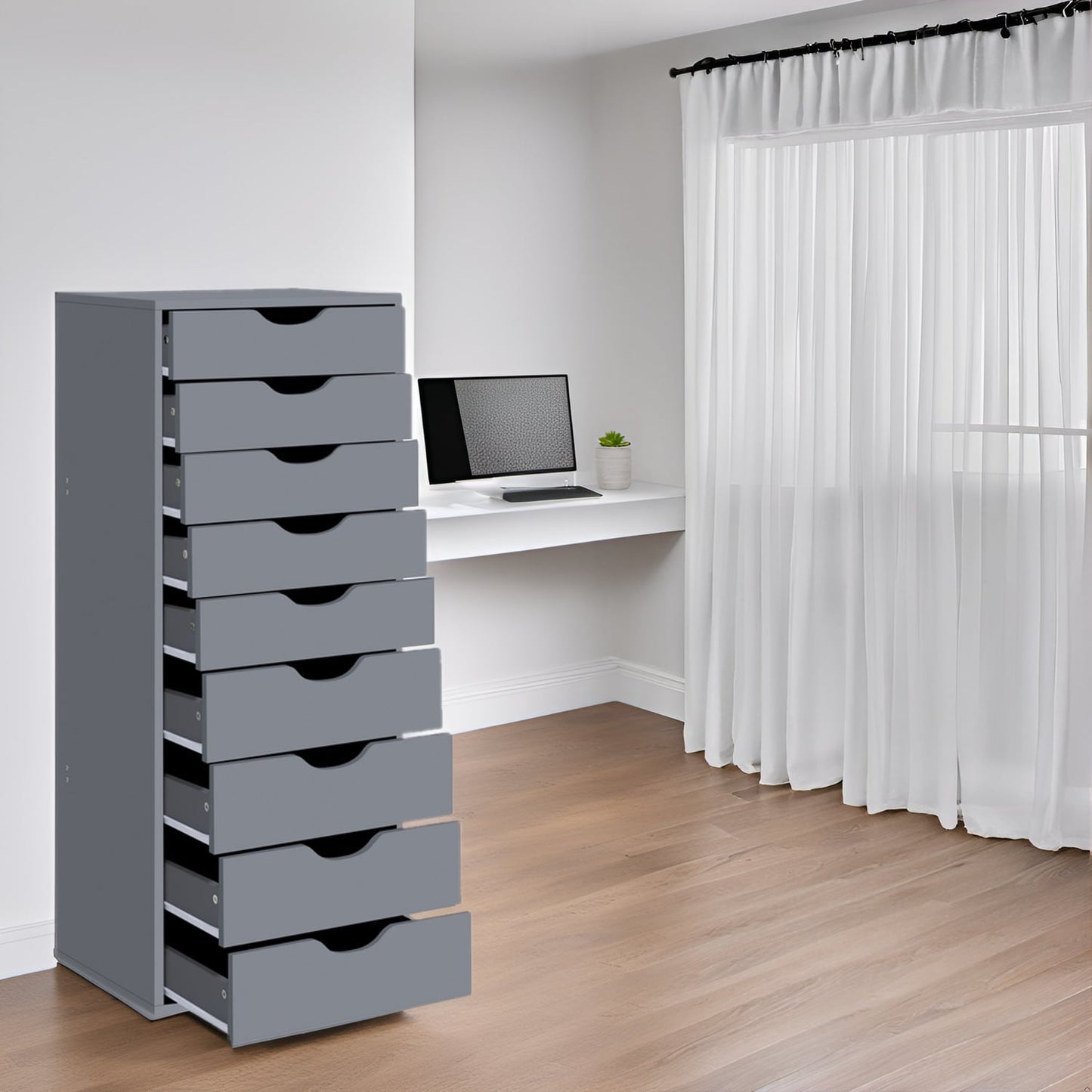 Armoire étroite en bois à 9 tiroirs avec coulisses à glissement fluide et étagère de rangement supérieure.