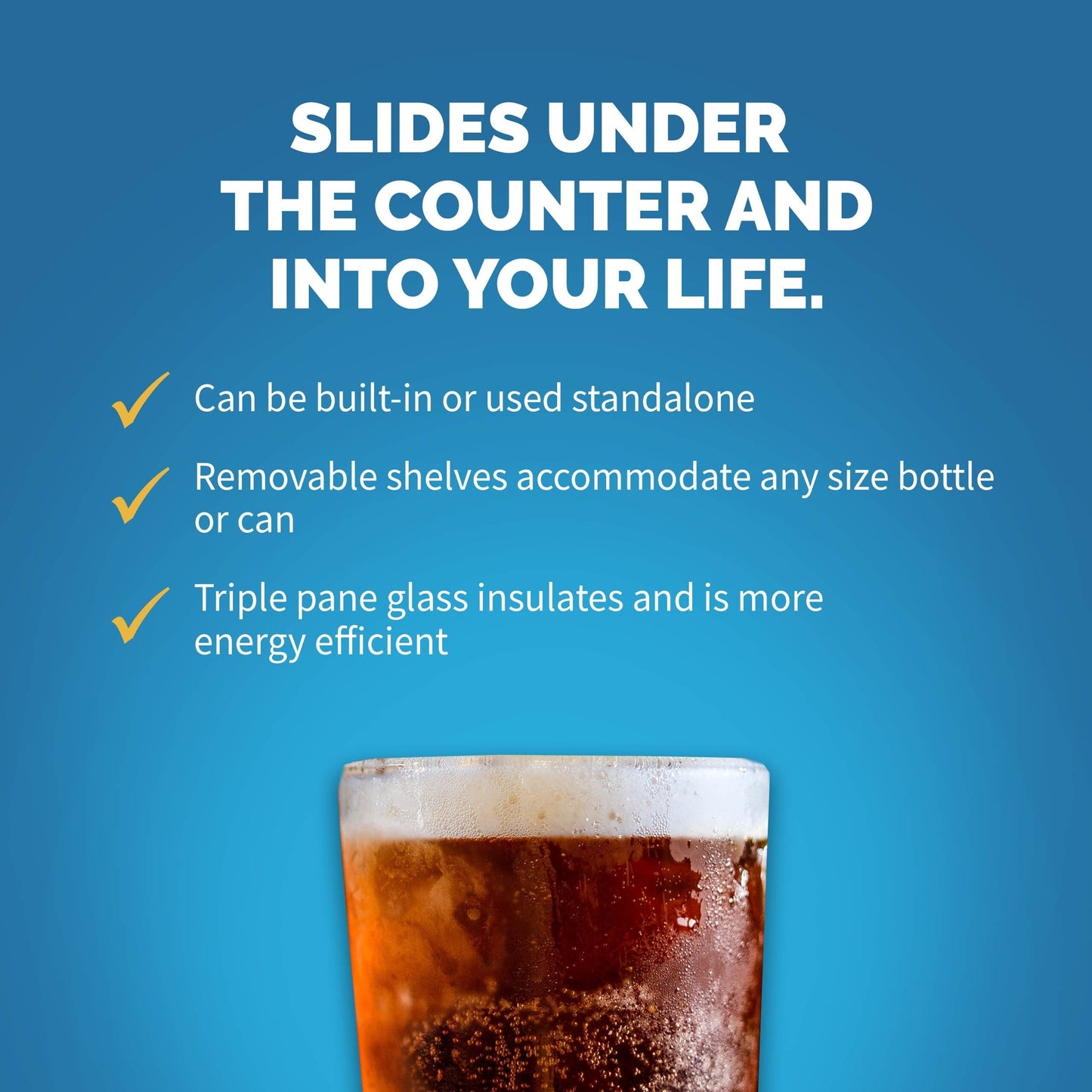 Réfrigérateur à boissons Newair 15 pouces encastrable, capacité de 96 canettes, en acier inoxydable, avec commandes de température et étagères réglables.