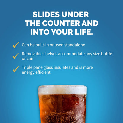 Réfrigérateur à boissons Newair 15 pouces encastrable, capacité de 96 canettes, en acier inoxydable, avec commandes de température et étagères réglables.