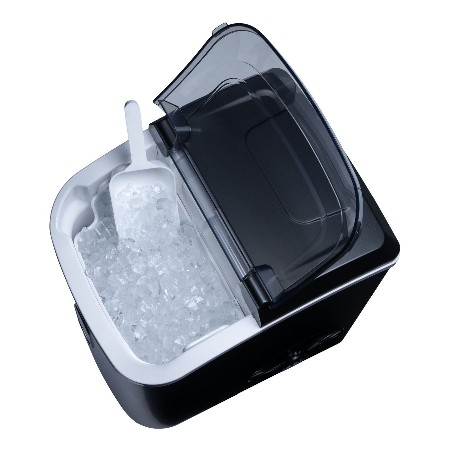 Fabriquant de glaçons en forme de galet Newair de 26 lbs, noir mat, avec fenêtre de visualisation des glaçons, bouton d'auto-nettoyage et bec verseur facile à utiliser.