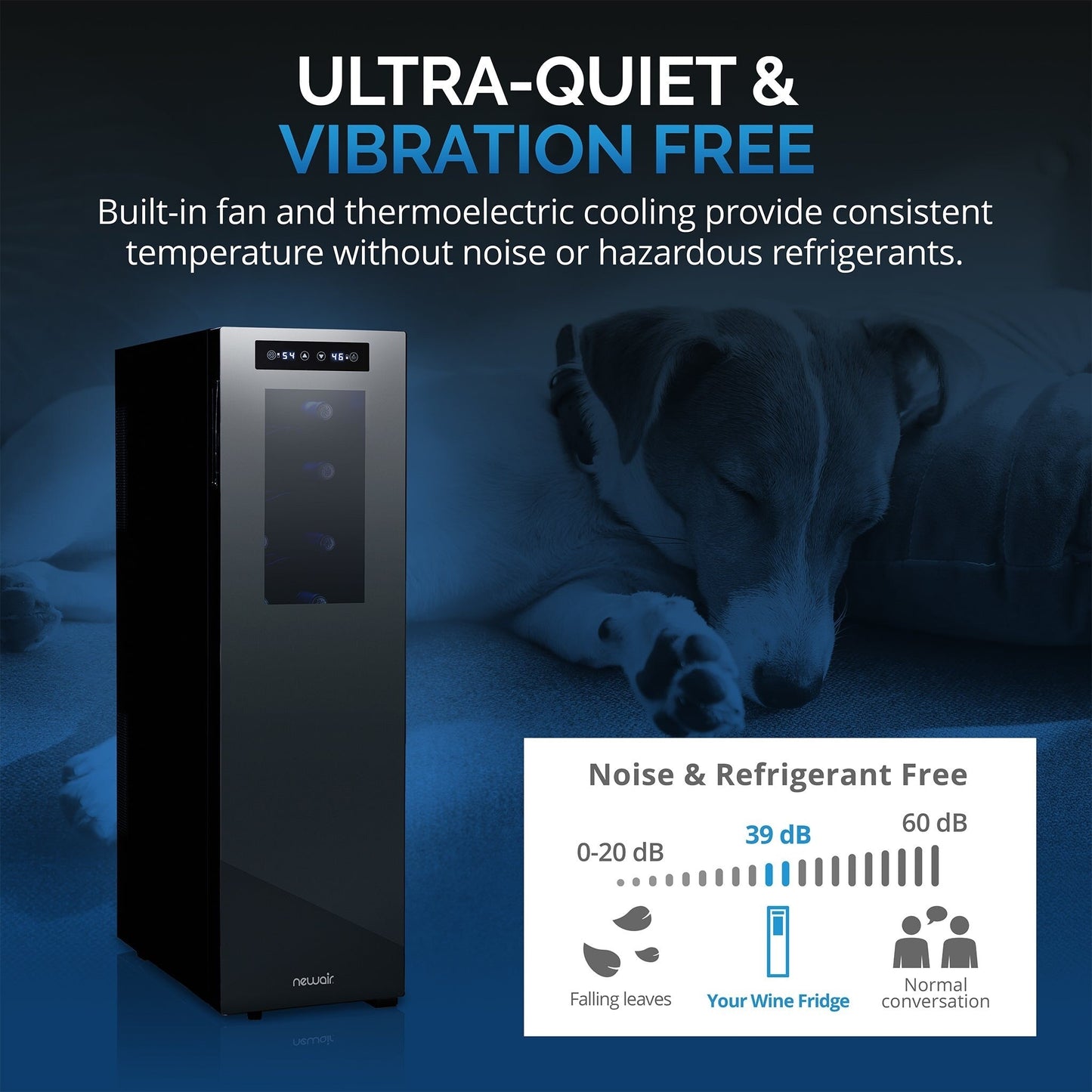 Cave à vin Newair Shadow-T Series, 18 bouteilles, double zone de température, autoportante, thermoélectrique, contrôle numérique.