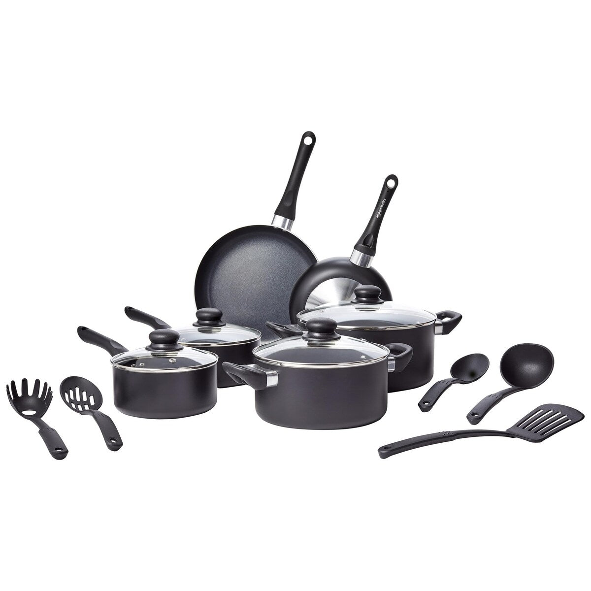 Ensemble de 15 pièces de batterie de cuisine antiadhésive, casseroles, poêles et ustensiles, noir