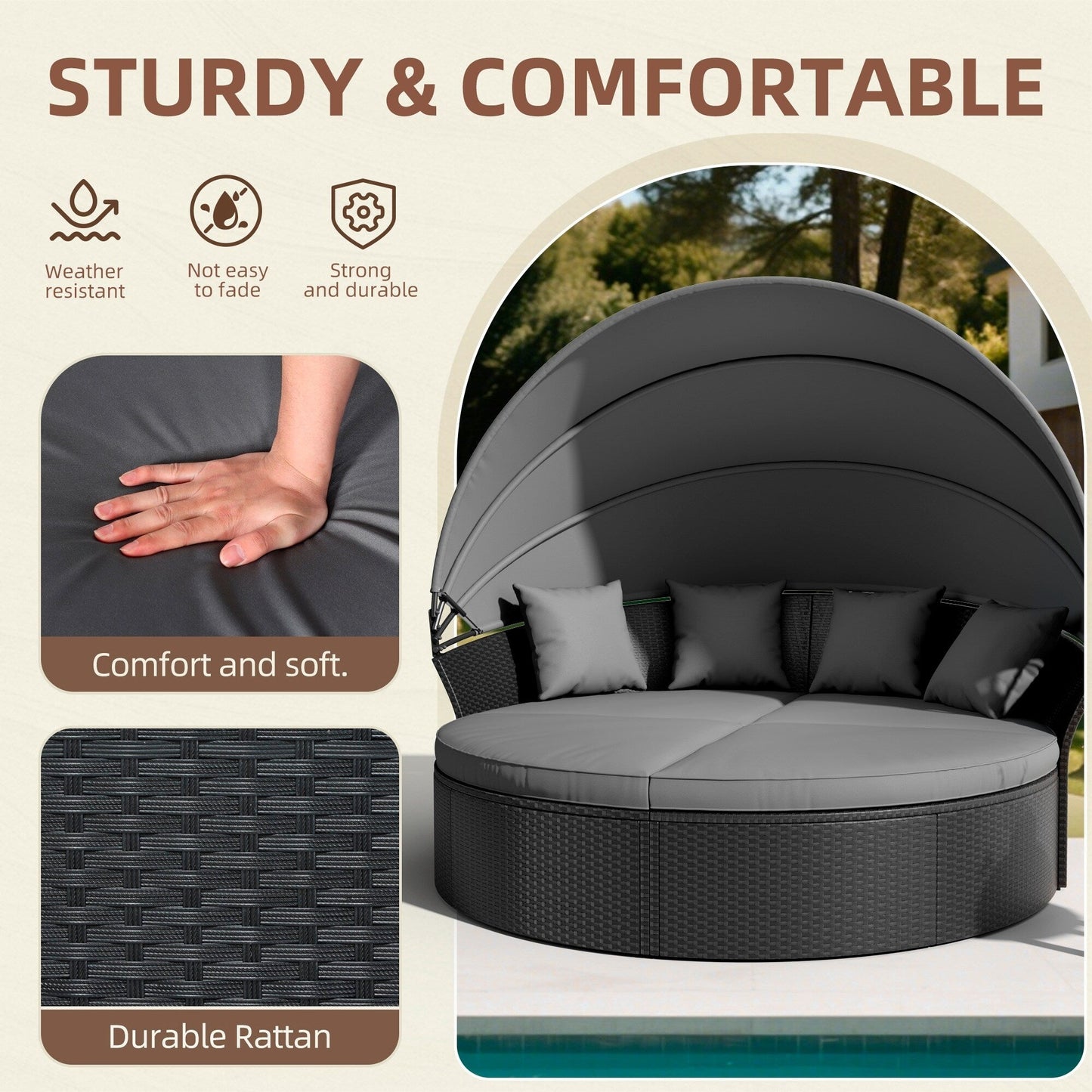 Ensemble de meubles de jardin en rotin noir pour extérieur, composé de 4 pièces, avec canopée rétractable, modèle Nuon, par Havenside Home.