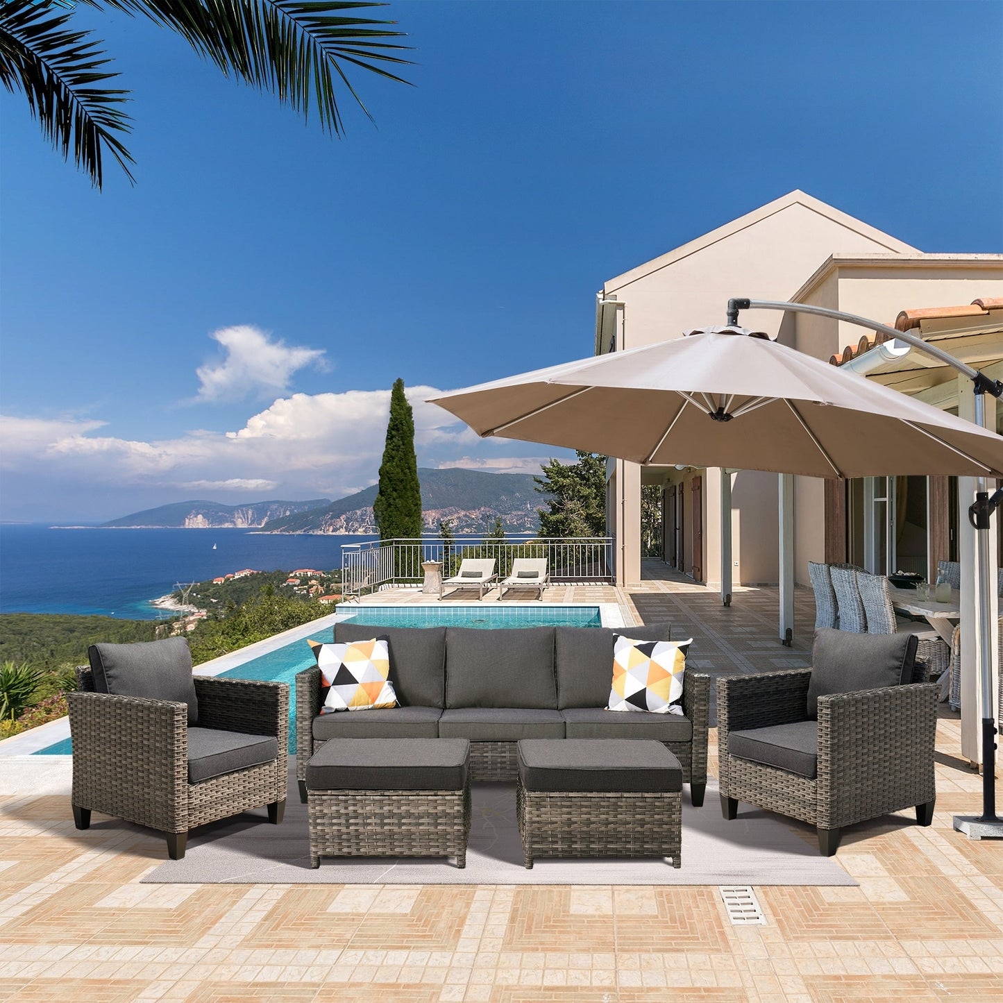 OVIOS Ensemble de meubles de jardin en osier pour extérieur, 5 pièces, avec dossier haut.