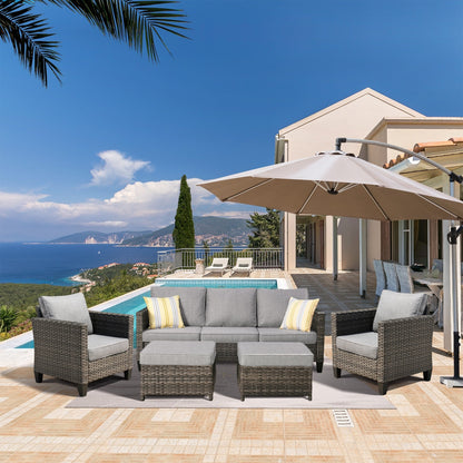 OVIOS Ensemble de meubles de jardin en osier pour extérieur, 5 pièces, avec dossier haut.