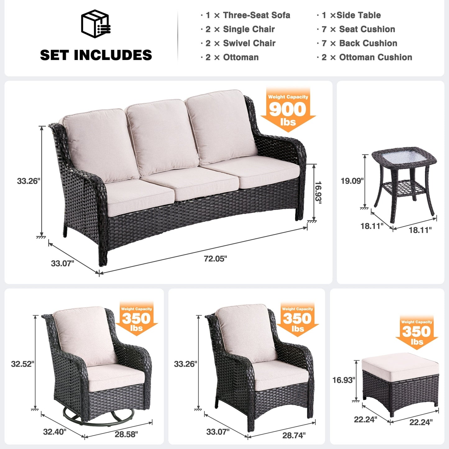 OVIOS Ensemble de meubles de jardin en osier 8 pièces avec chaise pivotante