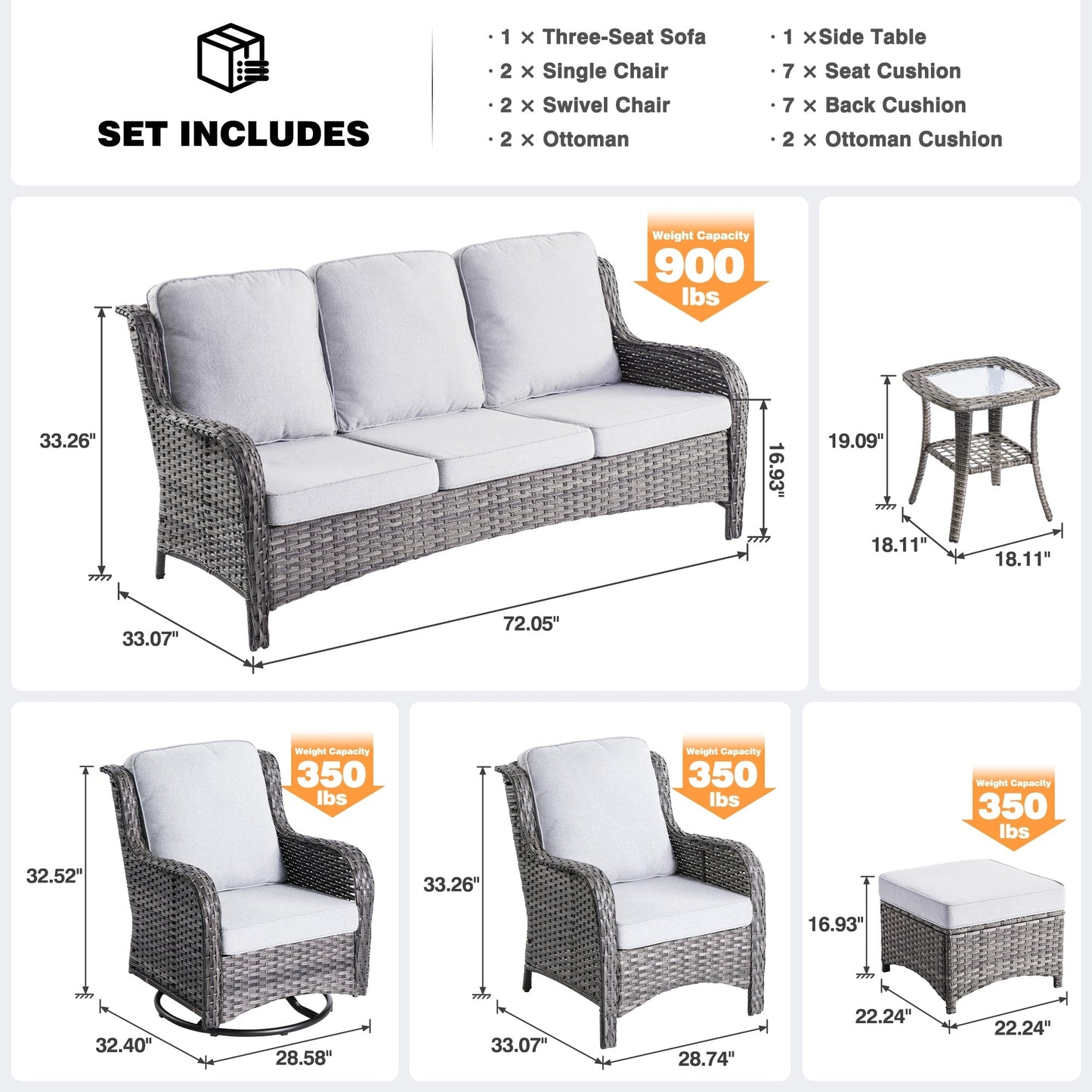 OVIOS Ensemble de meubles de jardin en osier 8 pièces avec chaise pivotante