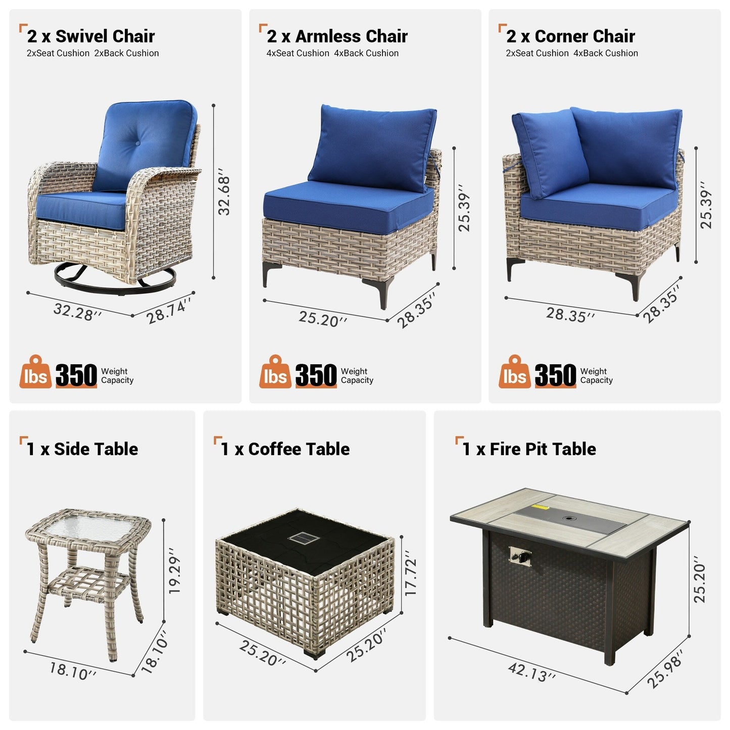 OVIOS Ensemble de 9 pièces en rotin pour extérieur avec chaise pivotante et table à feu.