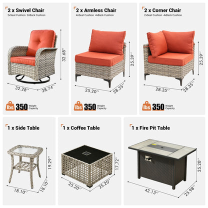 OVIOS Ensemble de 9 pièces en rotin pour extérieur avec chaise pivotante et table à feu.