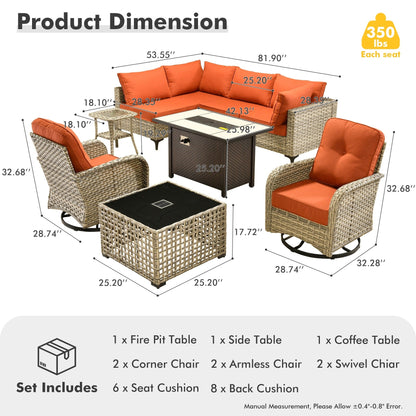 OVIOS Ensemble de 9 pièces en rotin pour extérieur avec chaise pivotante et table à feu.