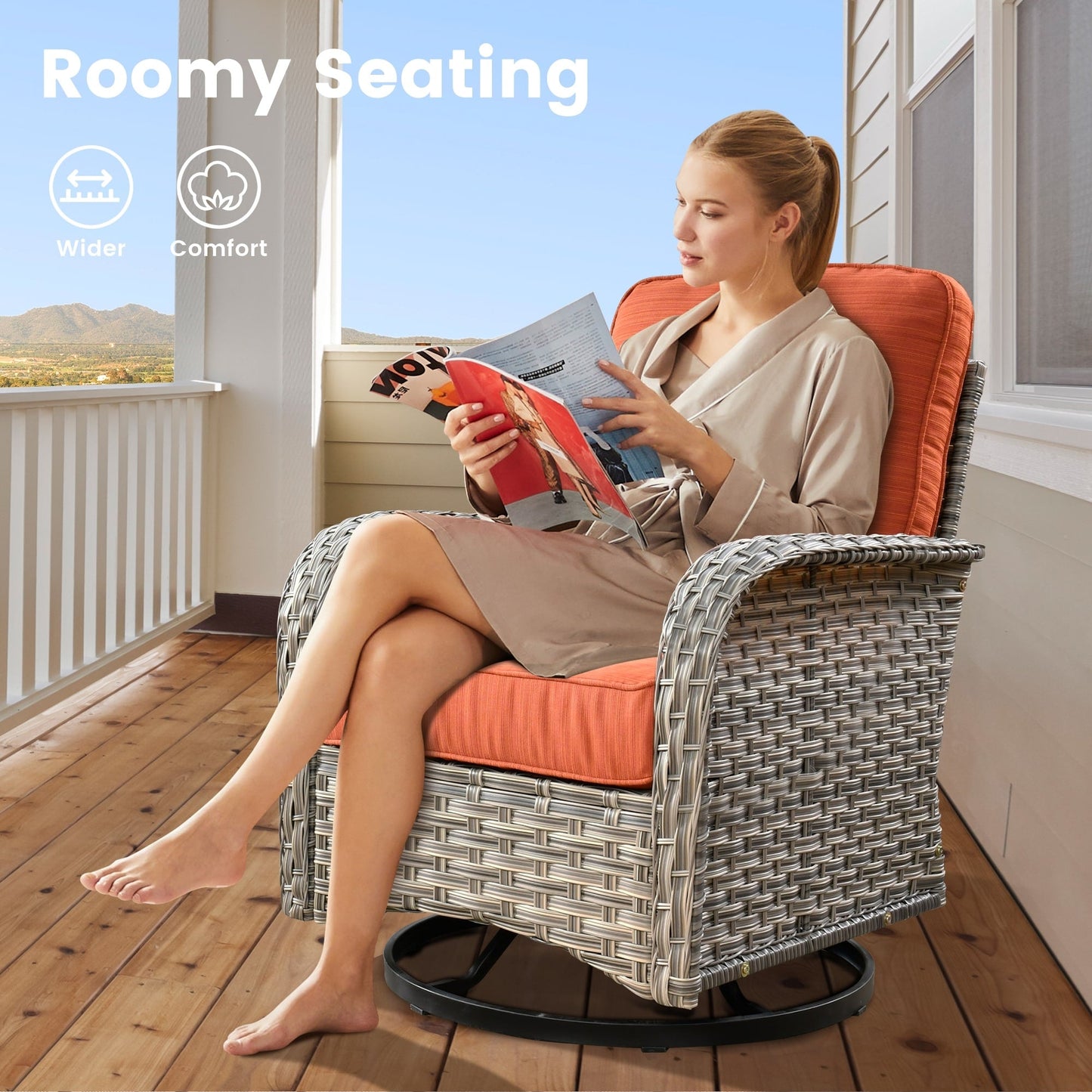 OVIOS Ensemble de 9 pièces en rotin pour extérieur avec chaise pivotante et table à feu.